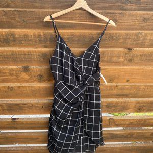 Lira black and white plaid faux-wrap dress